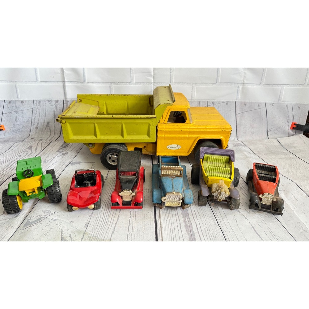 Vintage Structo Yellow Dump Truck and Assorted Toy Car Tractor Lot 7 Pieces